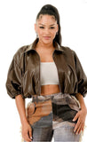 Curvy Size Faux Leather Balloon Jacket