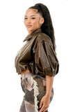 Curvy Size Faux Leather Balloon Jacket